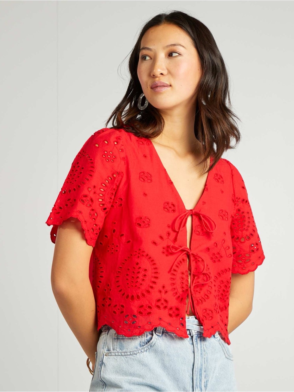 Joie red cotton eyelet embroidered crop top with a v-neck and tie front detail.